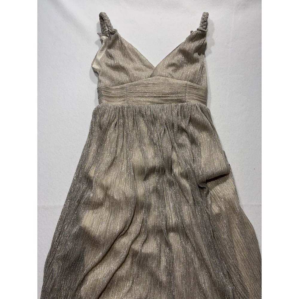 LINI Katherine Dress Womens Medium Champagne Metallic Pleated V Neck Maxi Formal